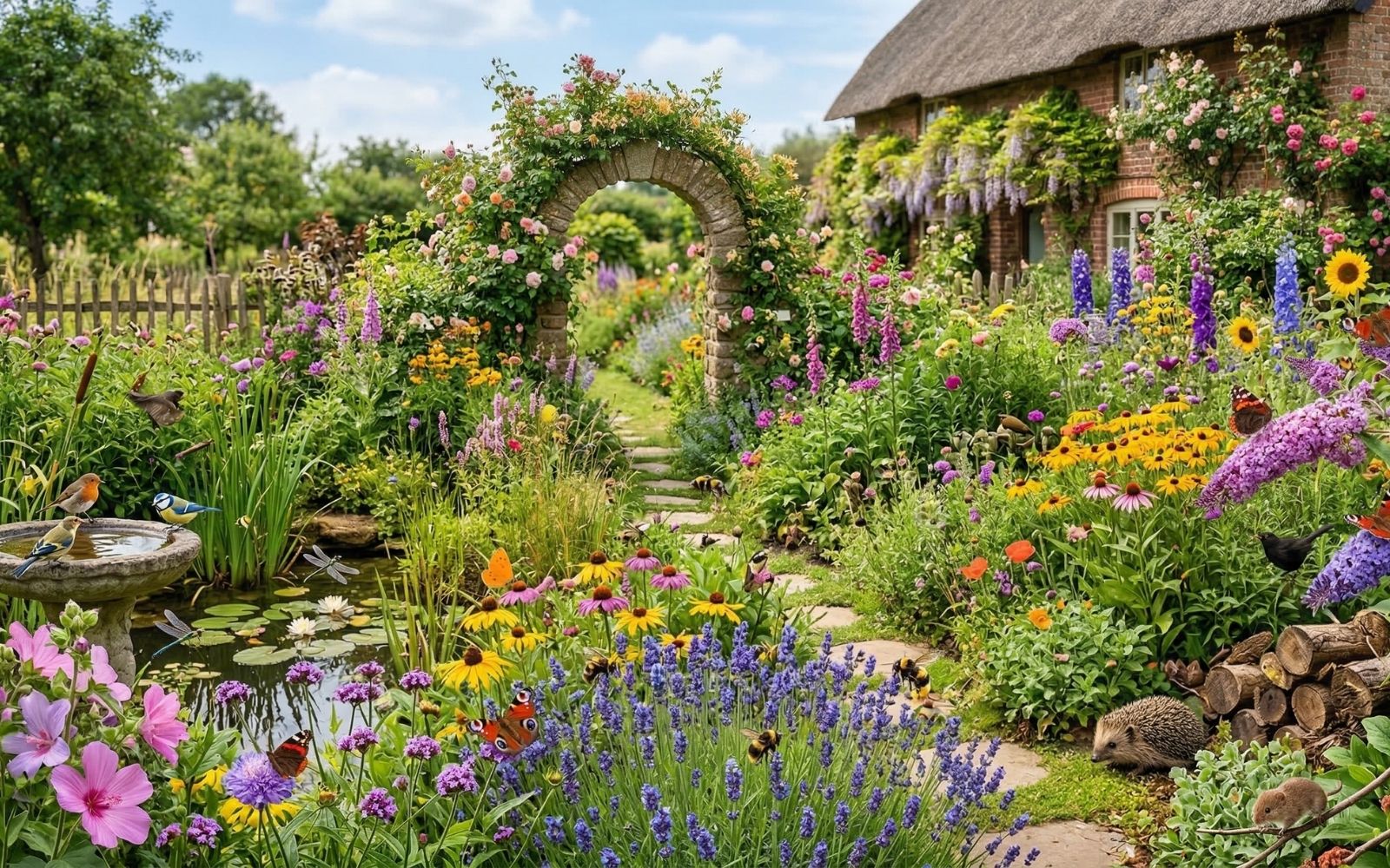 Artenreicher Garten mit blühenden Pflanzen